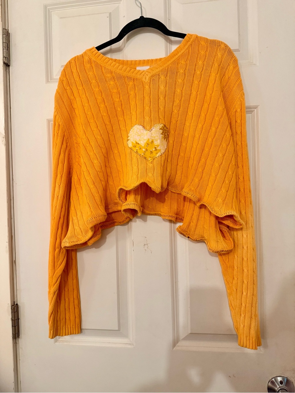 Upcycled Orange Cotton Cropped Cable-Knit Sweater with Heart Patch